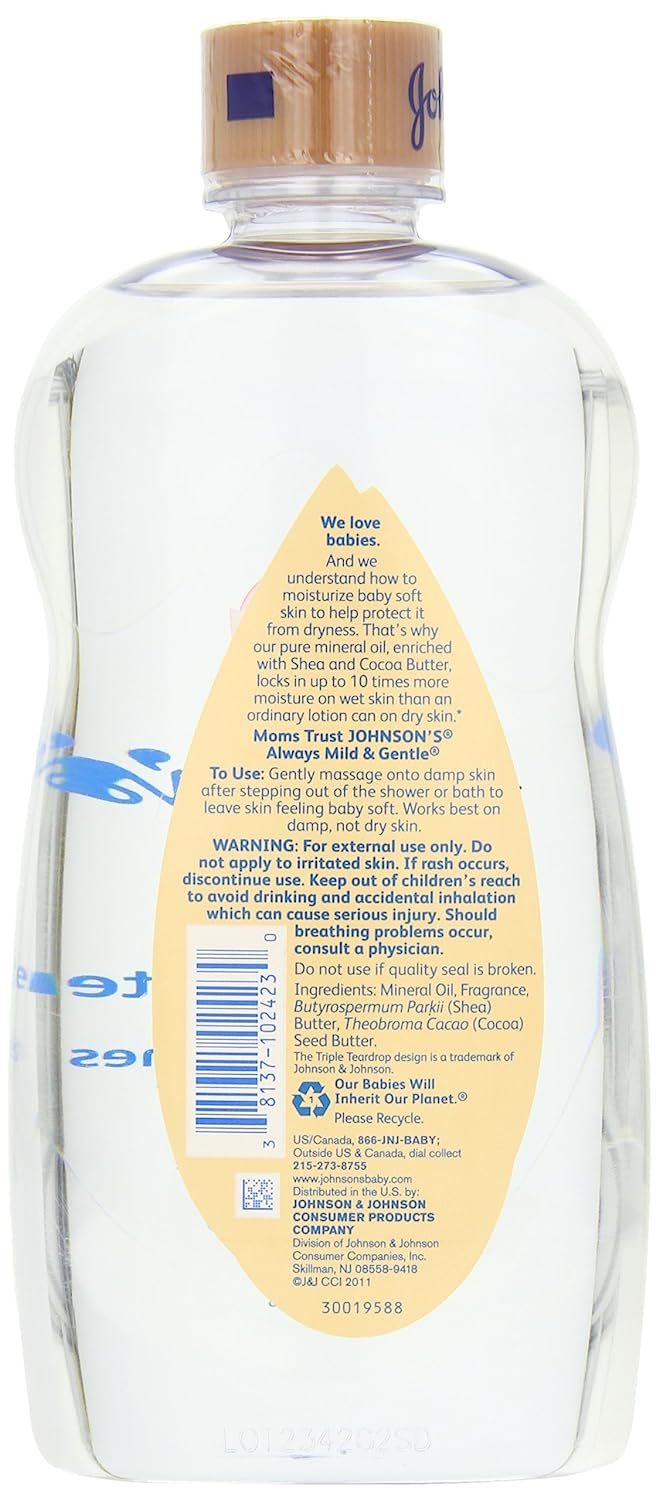 Johnson's Baby Oil, Mineral Oil Enriched with Shea & Cocoa Butter to Prevent Moisture Loss, Hypoallergenic, 20 fl. oz - Image 2